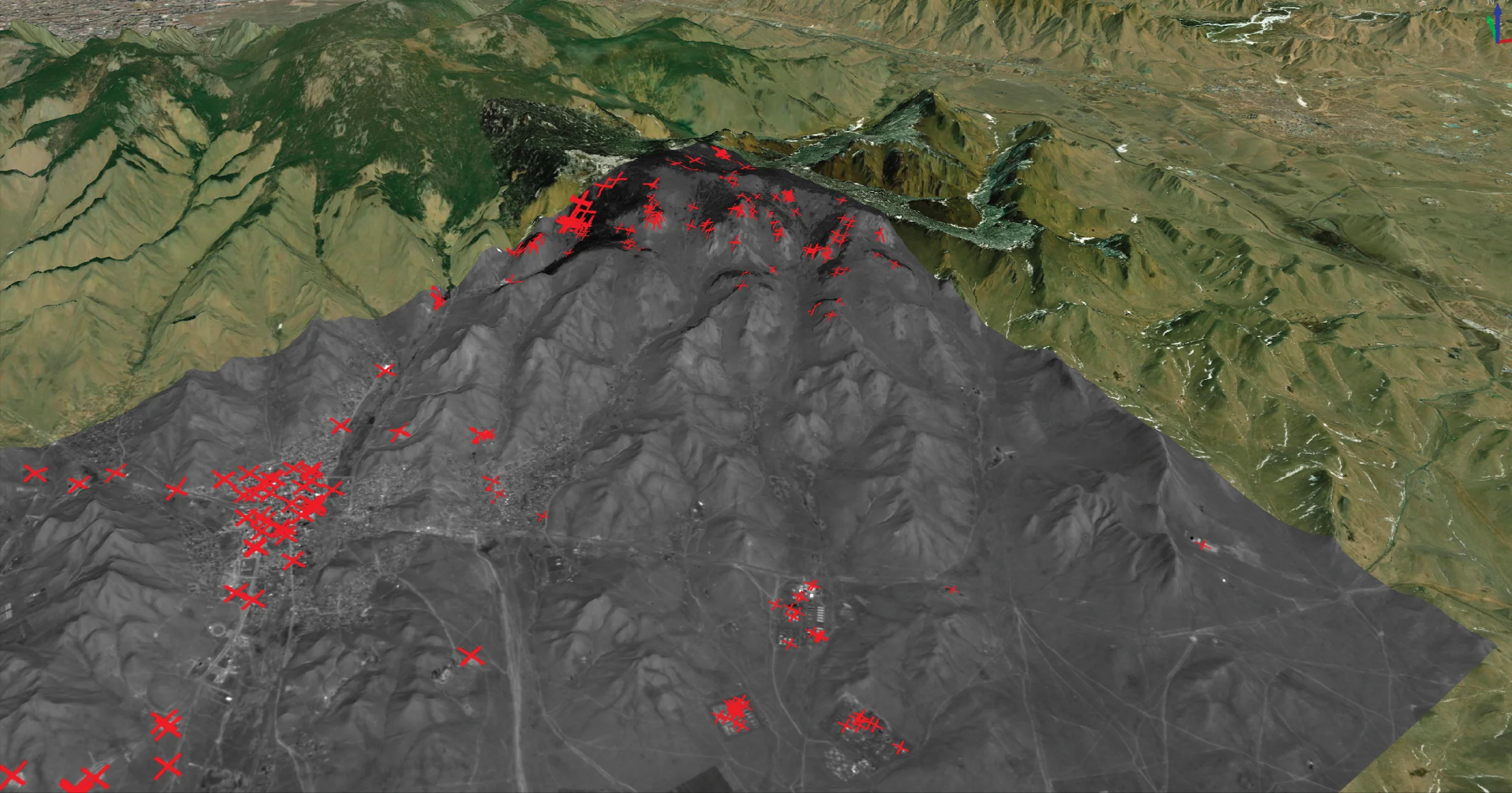 Geolocation checkpoints marked in red on satellite imagery draped over a 3D terrain model
